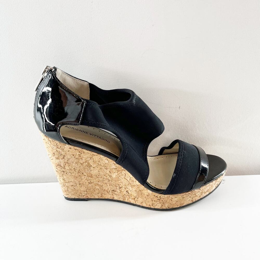 Adrienne Vittadini Chelle Patent Cork Wedge Heel Sandals Black 8